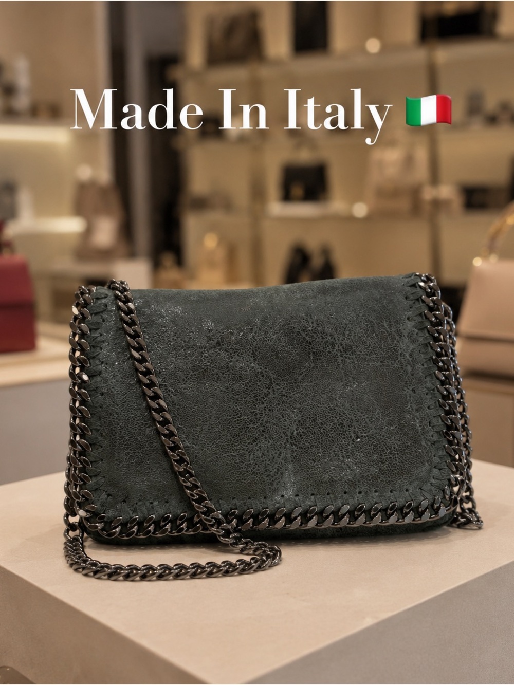 🇮🇹Made in Italy Metal Chain Crossbody Bag Dark Green Genuine Leather Y2K Grunge